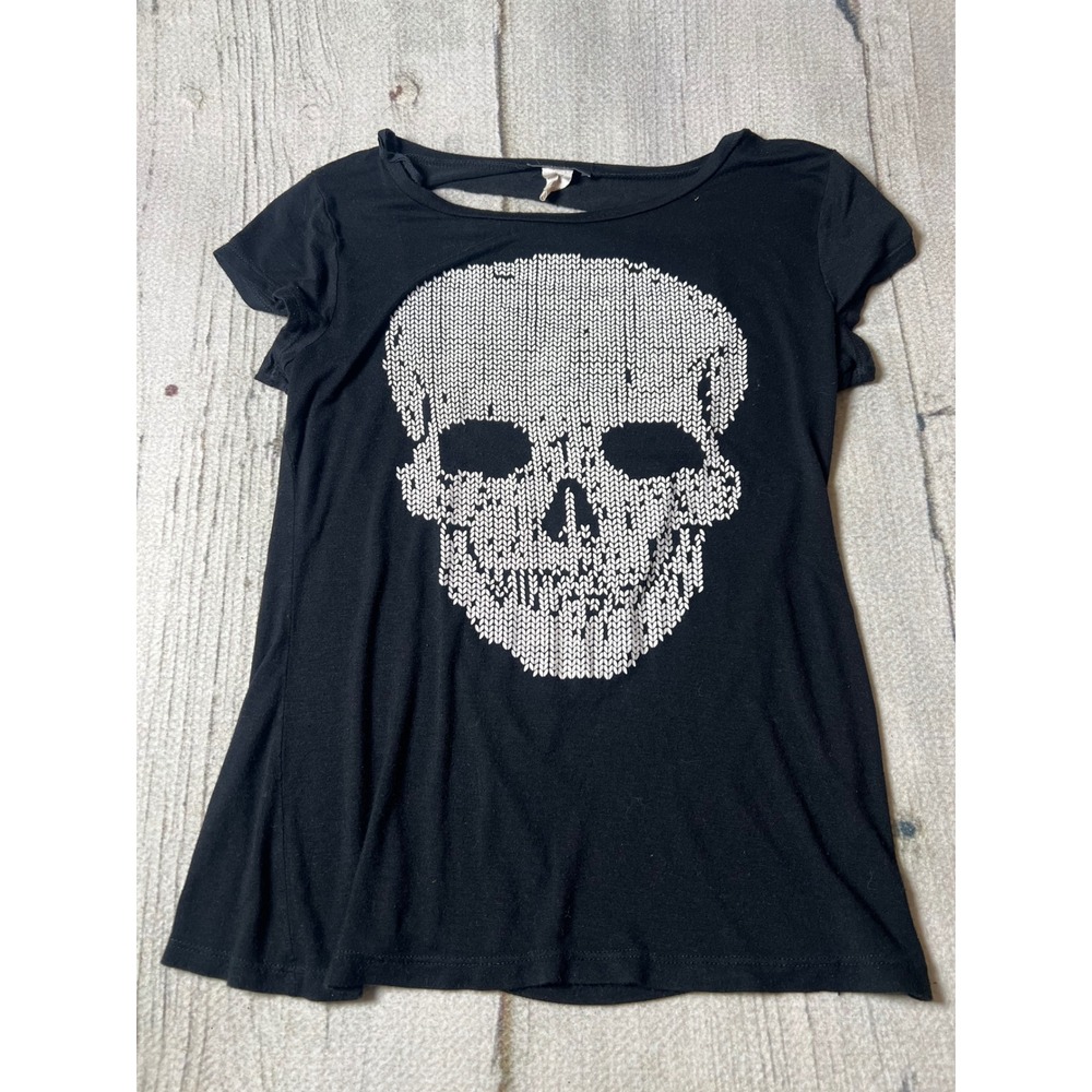Deb y2k Skull Graphic T-Shirt cut open back Women Large Black Goth Grunge Edgy